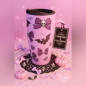 Lavender Goth Bows & Bats Travel Mug 16oz Cobwebs & Cauldrons NWT
